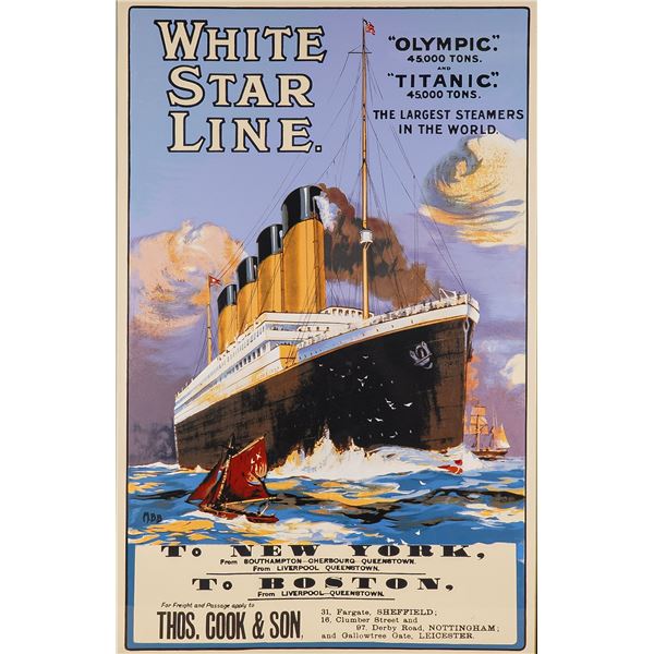 White Star Line Titanic and Olympic Promotional Lithograph Poster on Board