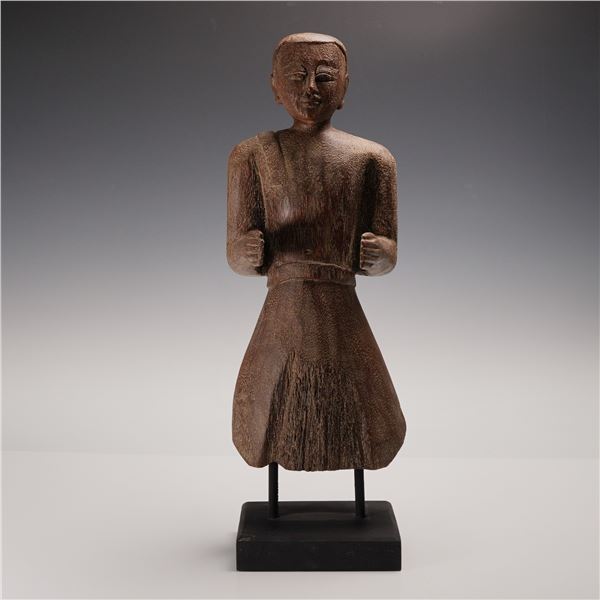 Hand-Carved Thai or Burmese Wooden Buddhist Monk Figure on Stand
