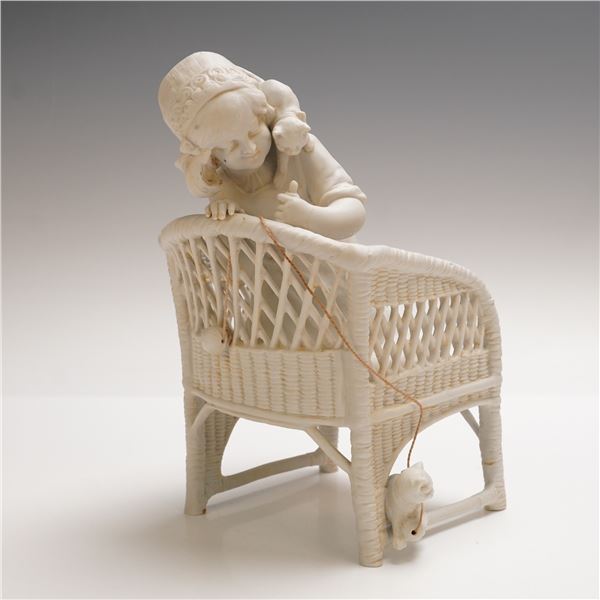 Bisque Porcelain Girl with Cats in Wicker Chair