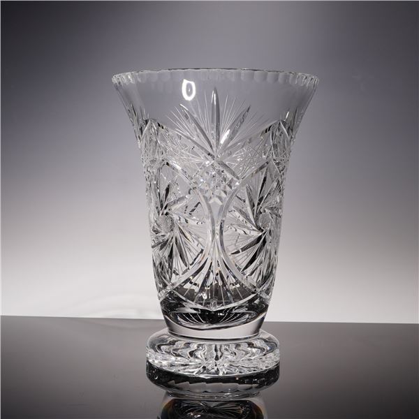 Tall Pedestal Cut Crystal Vase with Brilliant Starburst Design