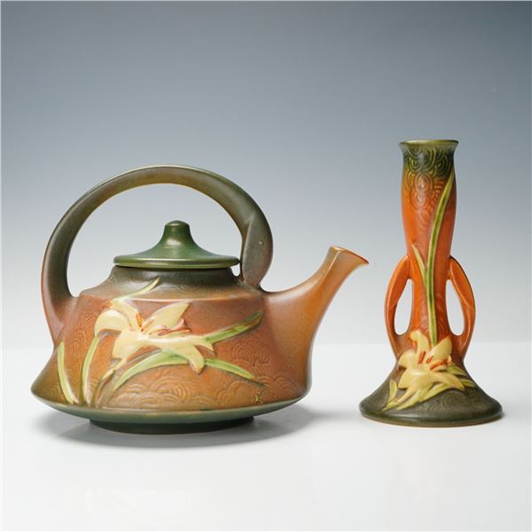 2pc Roseville Pottery Brown Teapot and Vase, Zephyr Lily