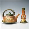 Image 1 : 2pc Roseville Pottery Brown Teapot and Vase, Zephyr Lily