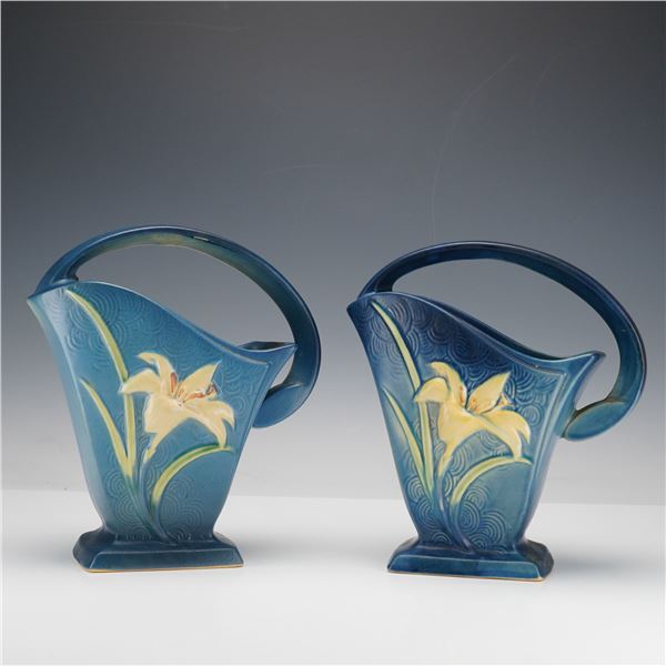 Pair of Roseville Pottery Blue Baskets, Zephyr Lily