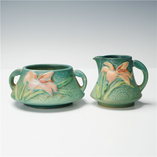 2pc Roseville Pottery Creamer and Sugar Bowl, Zephyr Lily