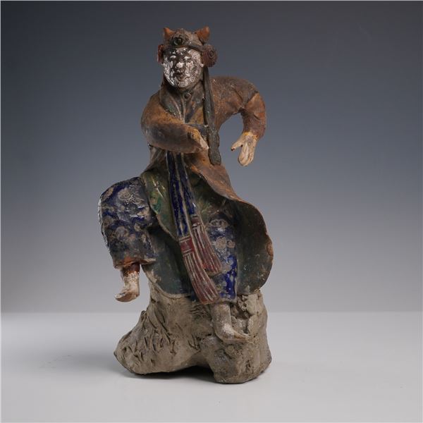 Chinese Tang Style Painted Warrior Figurine in Fitted Box