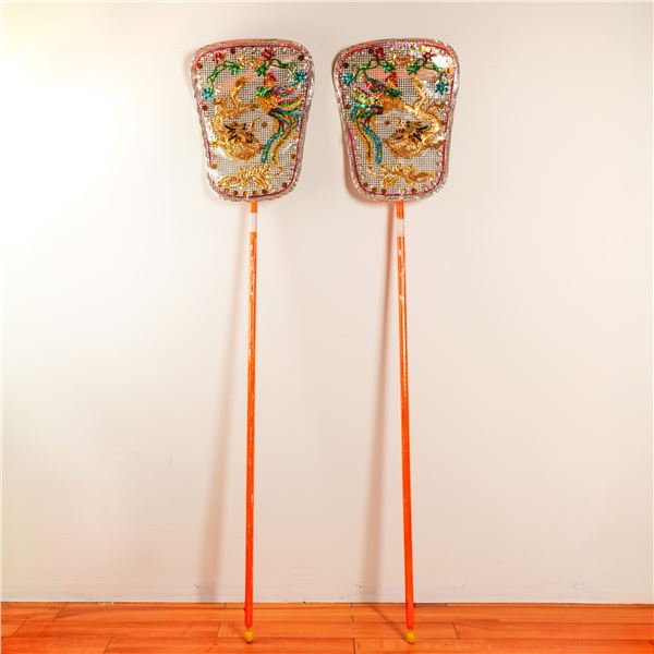 Pair of Chinese Embroidered Festival Shields with Dragon and Phoenix