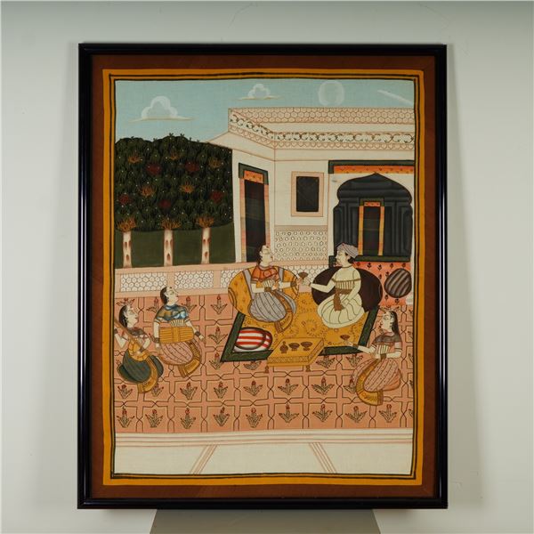 Indian Royal Court Scene w/ Attendants, Large Framed Hand-Painted Textile