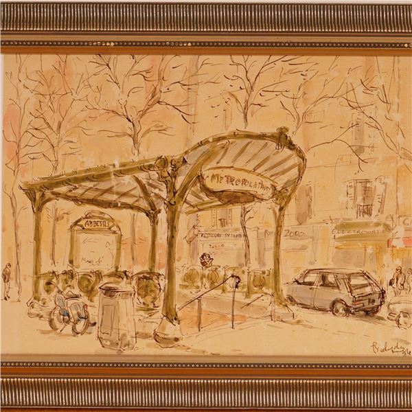 Parisian Watercolor and Ink on Paper Painting, Abbesses Metro, Signed