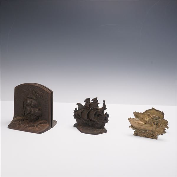 3pc Naval Vessel Themed Bronze Bookends