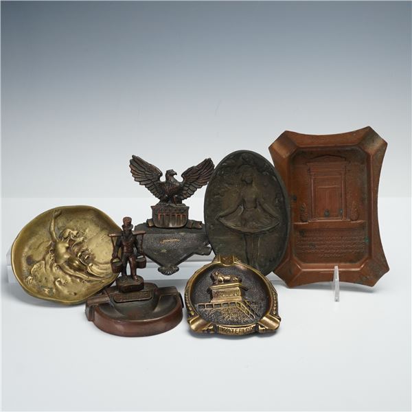 6pc Mixed Metal Art Nouveau and Figural Relief Ashtrays and Tray