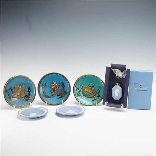 6pc Wedgwood and Israeli Enameled Metal Dish and Flora Perfume Bottle Set