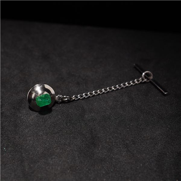 Emerald Silver-Tone Tie-Tack