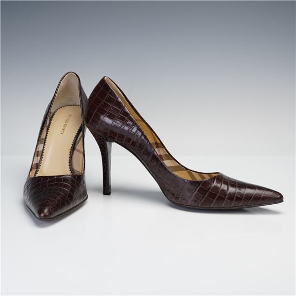 Burberry Heels, Brown Leather Croc Embossed Ladies Shoes