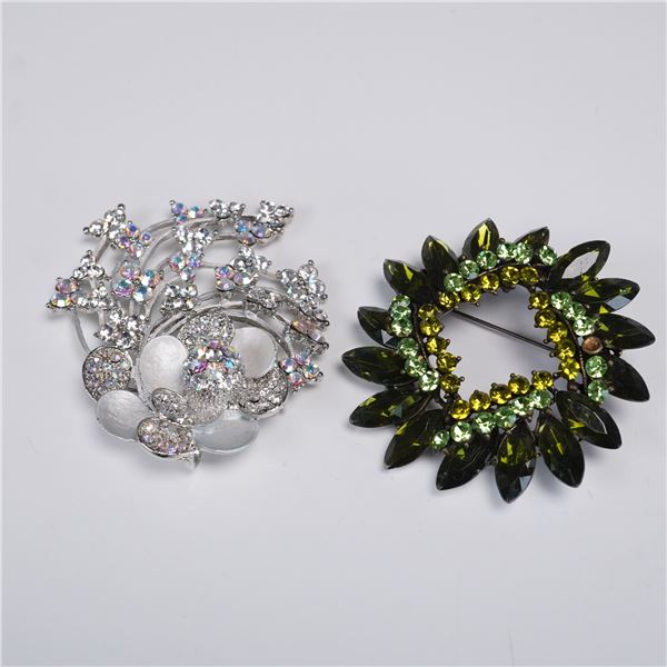 Pair of Rhinestone Brooches Green Wreath & Aurora Borealis Blossom Spray
