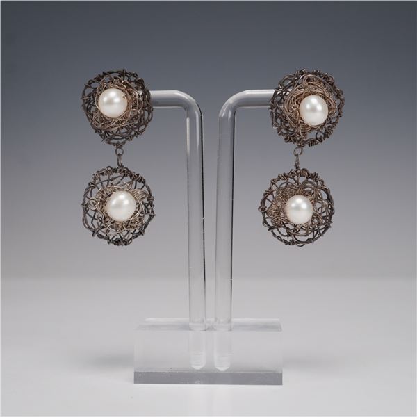 2pc Wirework Drop Earrings with Simulated Pearls