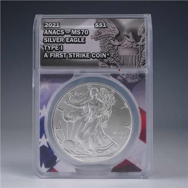 2021 Silver Eagle Dollar Coin, ANACS MS70 Type I First Strike