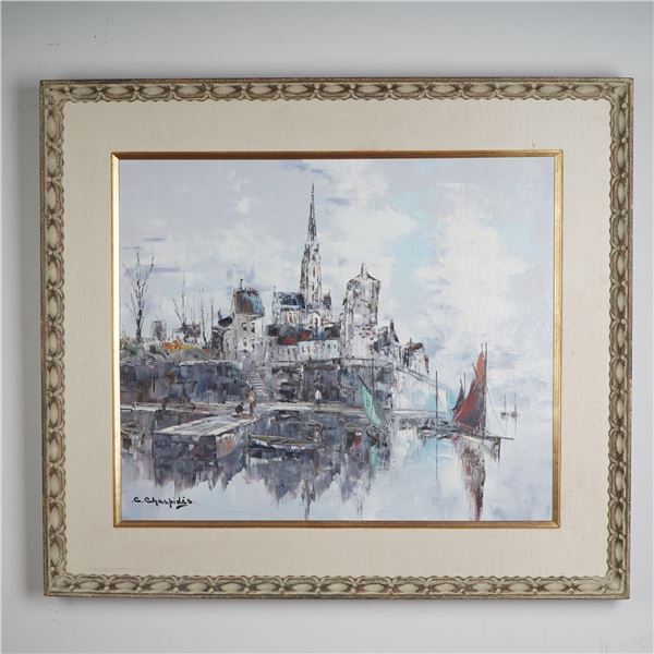 Christophe Charpides, Original Oil on Canvas, Normandy Harbor, Signed