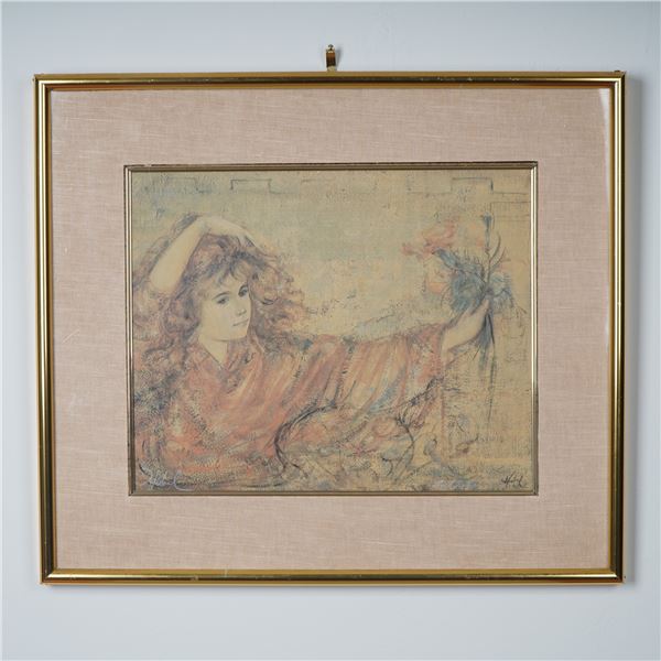Edna Hibel, Lithograph on Paper, Woman in Rose with Flowers, Signed