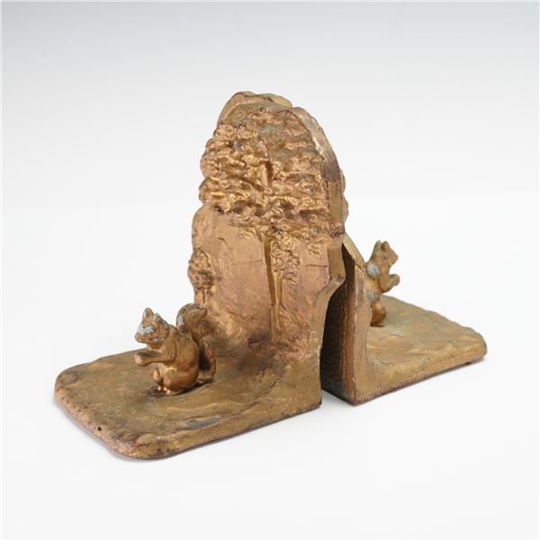 Art Nouveau Cast Iron Bookends, Squirrel and Tree Design