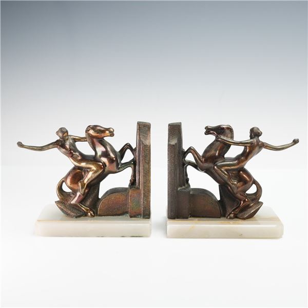 Pair of Bronze Woman Bucking Bronco Rider Bookends on Marble Base