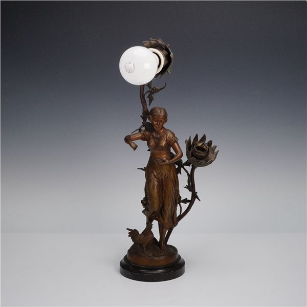 Figural Bronze-Tone Table Lamp with Floral Sockets on Marble Base