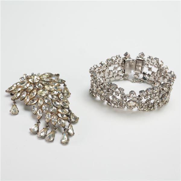 2pc Costume Rhinestone Brooch and Bracelet