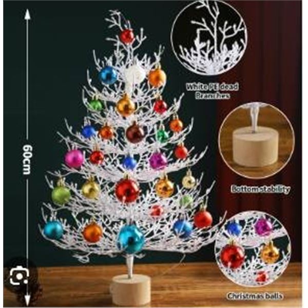 White Tree Tabletop Decoration with Multicolored Ornaments, 58-60 CM
