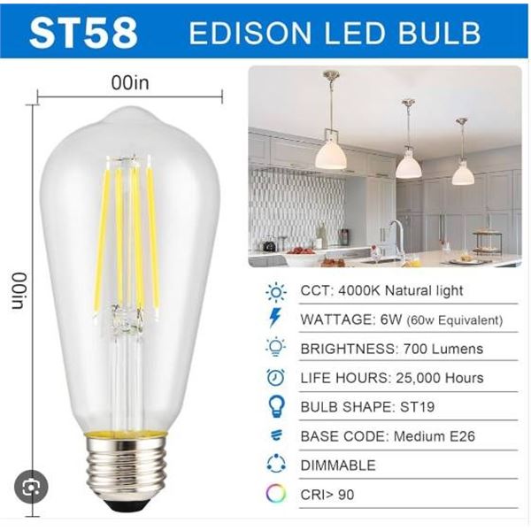 LED Edison Bulb, 6W, 60W Equivalent, 6-Pack, ST58, 700 Lumens