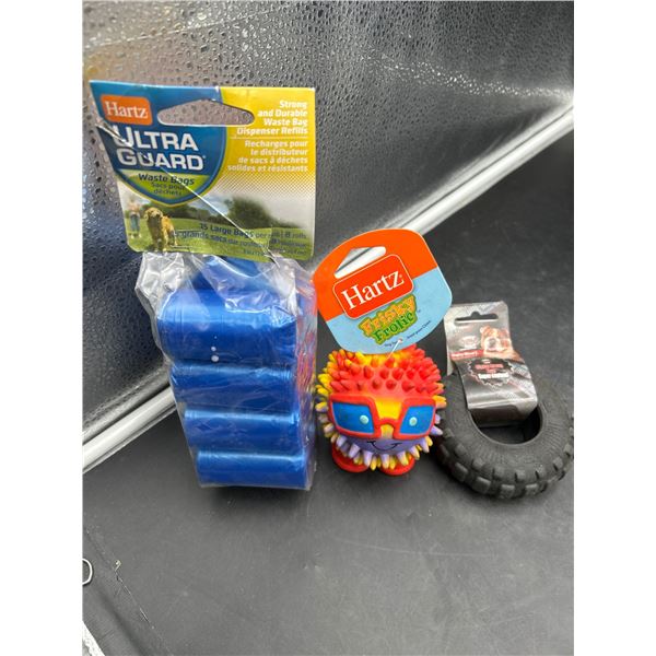 Hartz Ultra Guard Waste Bags, Tire Dog Chew Toy, and Fantasy Hedgehog Toy Multipack