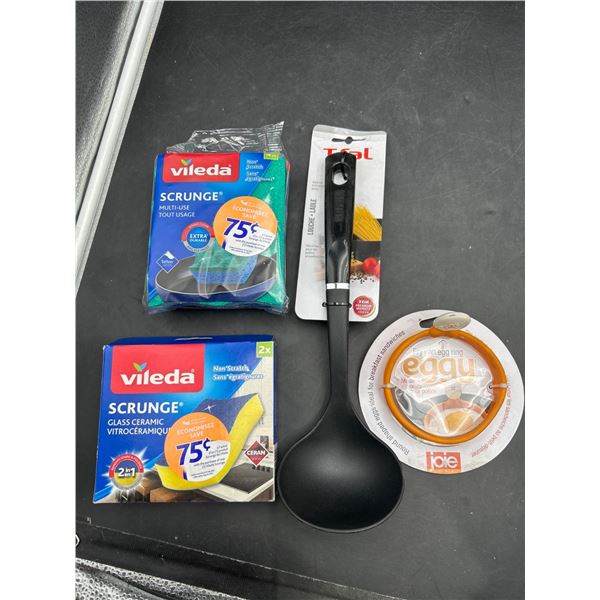 Vileda Scrunge Sponges, T-Fal Ladle, and Joie Egg Ring