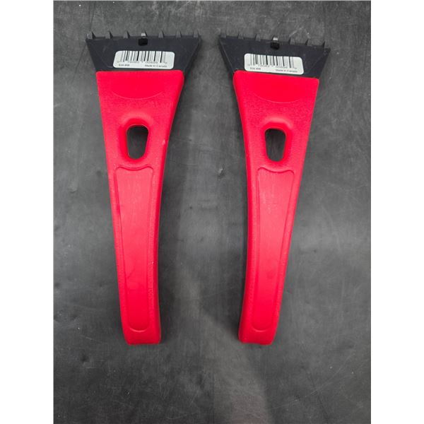 Two Red Windshield Scrapers with Plastic Handles and Steel Blades