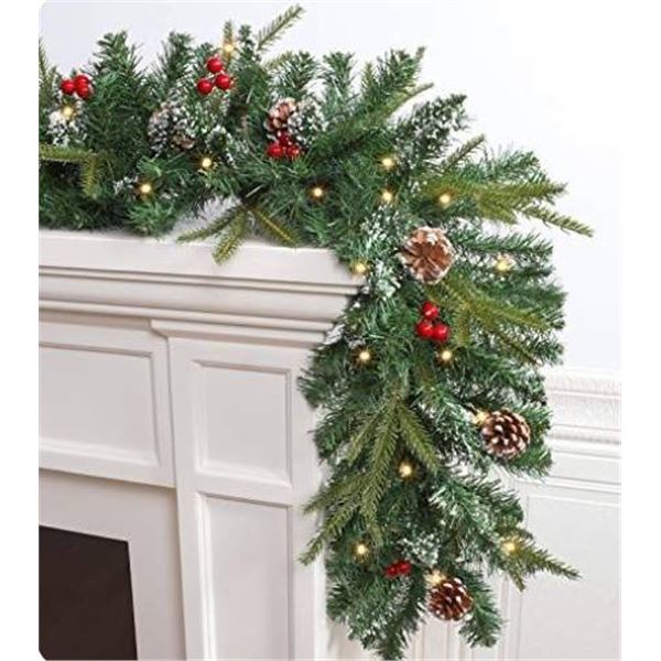 WBHome Pre-Lit 9-Foot Christmas Garland With Pinecones –Berry Decorations not included
