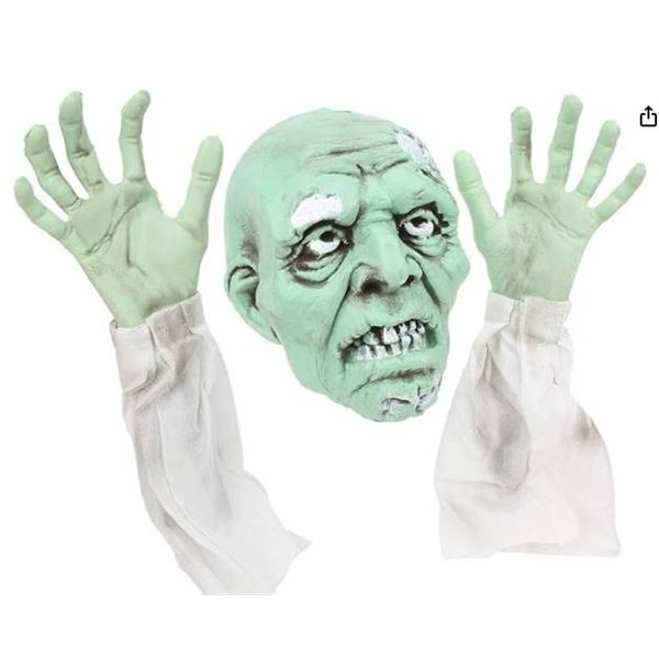 Green Zombie Head Prop with Raising Arms Mechanism