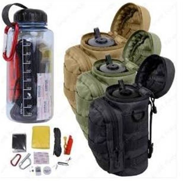 One Camo Water Bottle Survival Kit with Pouch and Multi Tools