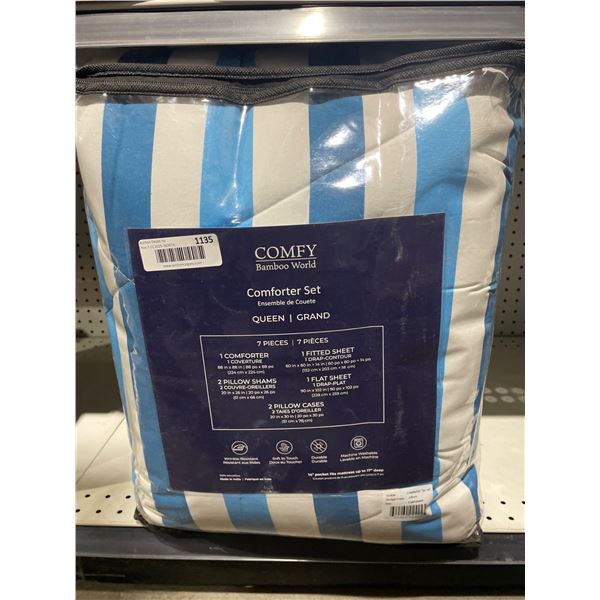 Comfy Bamboo World Comforter Set, 7 Pieces, Queen Size, Blue and White Striped Design