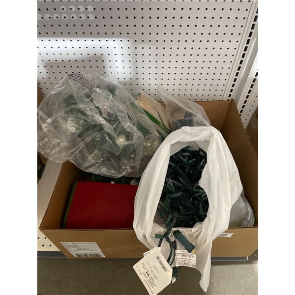 LOT OF ASSORTED Christmas Decorations Including Garland, String Lights, and Ornaments