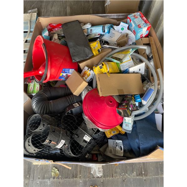 Pallet Box Lot of Assorted  Household and DIY Items Including Hoses, Plastic Containers, and Tools
