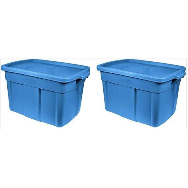 2 Blue Rubbermaid Plastic Storage Bins with Lids