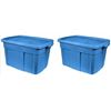 Image 1 : 2 Blue Rubbermaid Plastic Storage Bins with Lids
