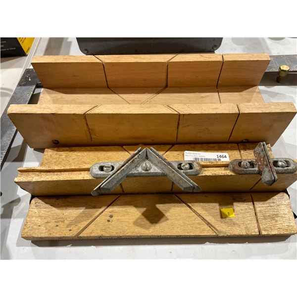 Wood Miter Box with Angle Measuring Tool and Attached Ruler