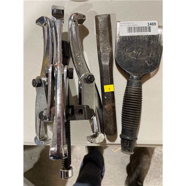 Two Gear Pullers, Pry Bar, and Scraper Tool with Marking