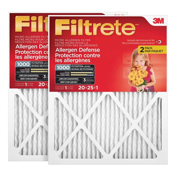 3M Filtrete Allergen Defense Air Filter 20x25x1, MPR 1000, 2-Pack