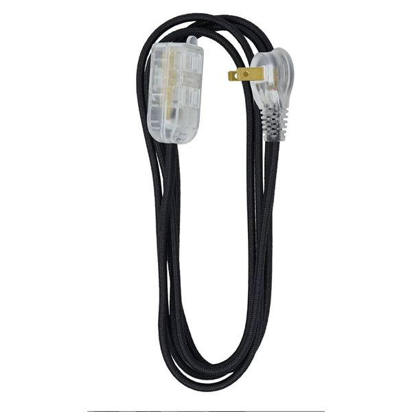 Woods Decor Series Fabric Covered 8 ft Extension Cords, Black, Set of 2