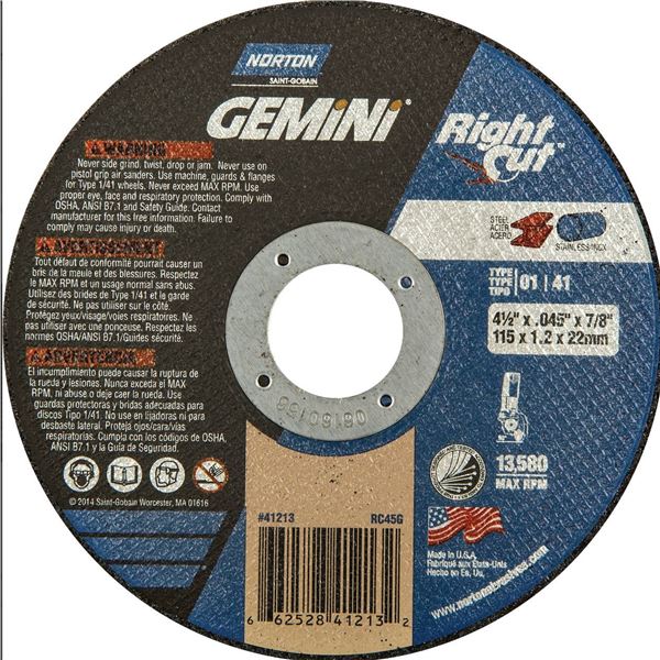 Lot of 5 Norton Gemini RightCut Cutting Wheels 4-1/2 in x 0.045 in x 7/8 in