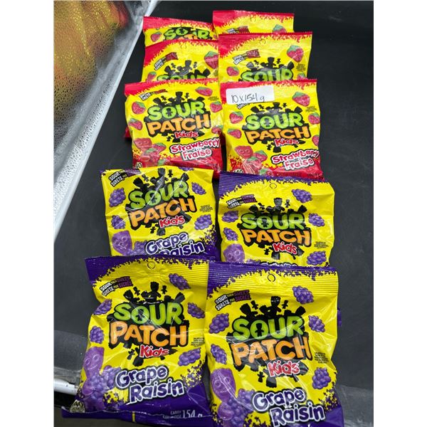 Lot of 10 Sour Patch Kids Variety Grape Raisin and Strawberry Bags, 154g Each