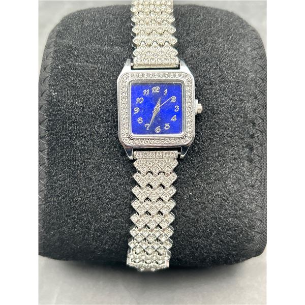 Square Blue Dial Silver-Tone Watch With Stone-Accented Bracelet