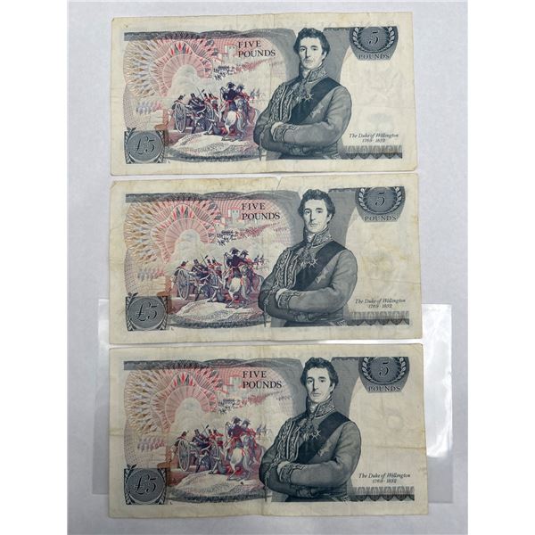 Six Bank of England Five Pound Notes Featuring Series and Signatures