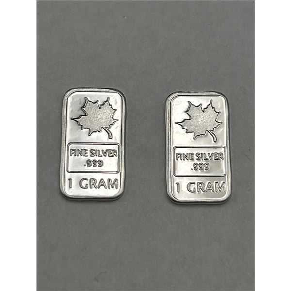 1 Gram .999 Fine Silver Bars with Maple Leaf Design LOT of 2