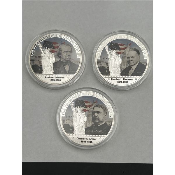 3 U.S. Presidential Commemorative Coins with Andrew Johnson, Herbert Hoover, Chester A. Arthur
