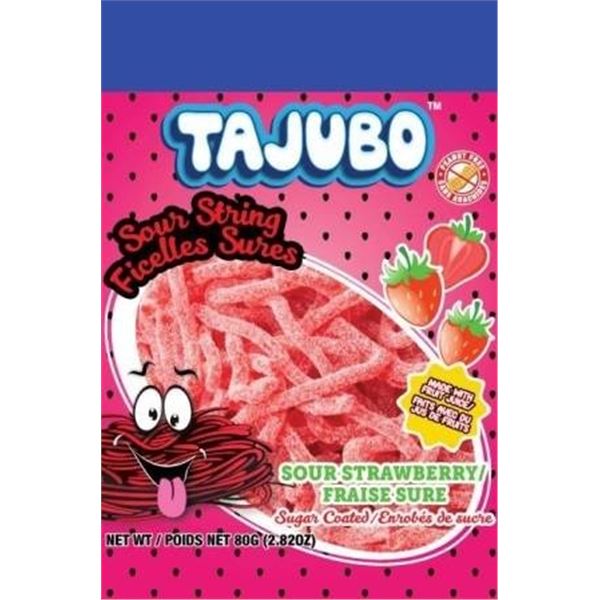 Tajubo Sour Strawberry Sour String Licorice, 24 x 80g Units